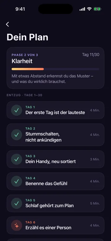 90-Tage-Plan von Zero Contact mit täglichen Lektionen wie Der erste Tag ist der lauteste und Stummschalten, nicht ankündigen