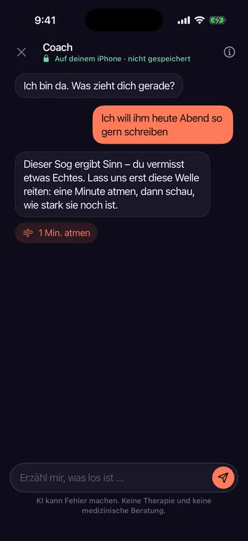 KI-Coach von Zero Contact antwortet jemandem, der dem Ex schreiben will, und schlägt eine Minute Atmen vor