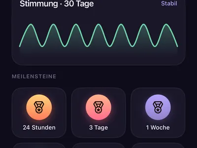 Fortschrittsbildschirm des Trennungs-Trackers Zero Contact mit längster Serie, überstandenen Impulsen, Check-ins und 30-Tage-Stimmungskurve