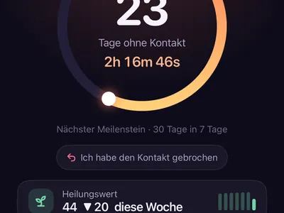 Heute-Bildschirm der Kontaktsperre-App Zero Contact mit 23-Tage-Serie, Heilungswert und SOS-Taste