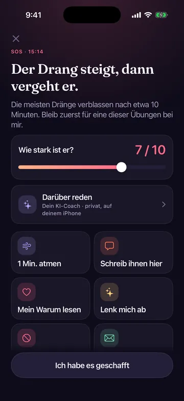 SOS-Bildschirm von Zero Contact mit Regler für die Stärke des Drangs und Werkzeugen zum Atmen, Schreiben oder Freunde anschreiben