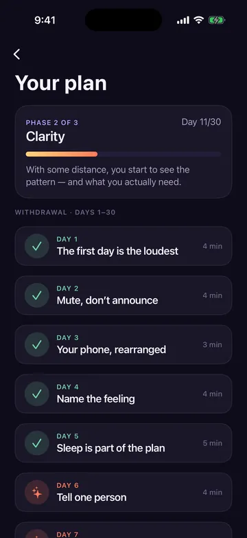 Zero Contact 90-day plan screen with daily lessons such as The first day is the loudest and Mute, don't announce