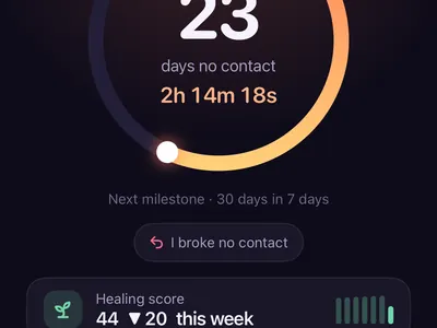 Zero Contact no contact app Today screen with a 23-day streak, healing score and SOS button