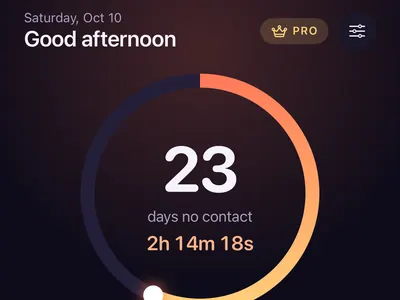 Zero Contact app home screen showing a live no contact streak of 23 days