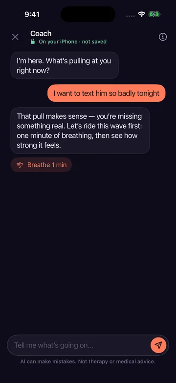 Zero Contact AI coach replying to someone who wants to text their ex, with a one-minute breathing suggestion