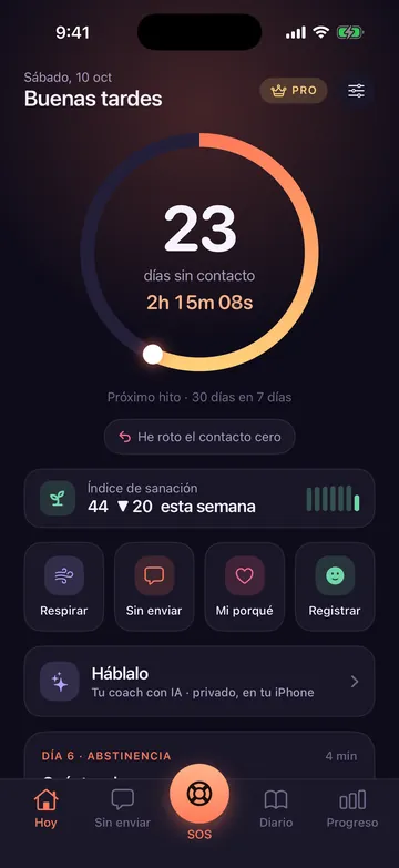 Pantalla de inicio de la app Zero Contact con una racha de contacto cero de 23 días