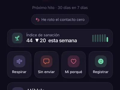 App Zero Contact contando una racha de contacto cero de 23 días, 2 horas y 14 minutos