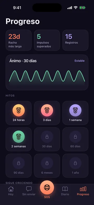 Pantalla de progreso de Zero Contact con la racha más larga, impulsos superados, gráfico de ánimo de 30 días e hitos