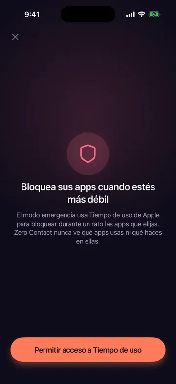 Pantalla del modo emergencia de Zero Contact que explica cómo usa Tiempo de uso de Apple para bloquear las apps que elijas