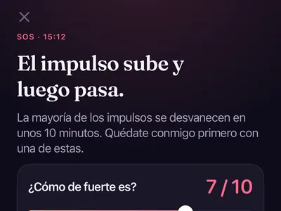 Pantalla SOS de Zero Contact con un control de intensidad del impulso y herramientas para respirar, escribir o hablar con un amigo