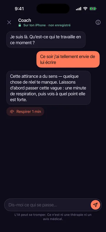 Coach IA de Zero Contact répondant à quelqu’un qui veut écrire à son ex, avec une suggestion de respiration d’une minute