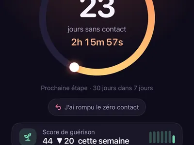 Écran Aujourd’hui de l’application zéro contact Zero Contact avec une série de 23 jours, un score de guérison et le bouton SOS