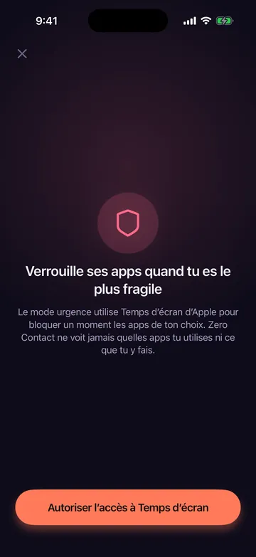 Écran du mode urgence de Zero Contact expliquant comment il utilise Temps d’écran d’Apple pour bloquer les apps choisies