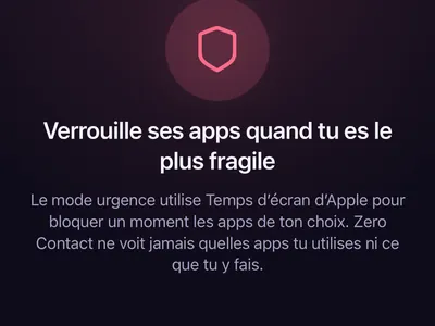 Écran du mode urgence de Zero Contact Pro qui verrouille les apps choisies avec Temps d’écran d’Apple
