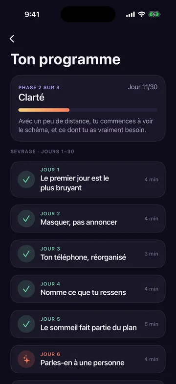 Plan de 90 jours de Zero Contact avec des leçons quotidiennes comme Le premier jour est le plus bruyant et Masquer, pas annoncer