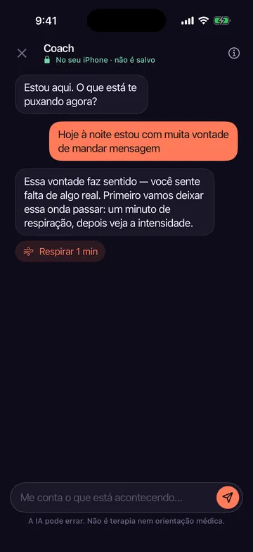 Coach com IA do Zero Contact respondendo a alguém que quer mandar mensagem para o ex e sugerindo um minuto de respiração