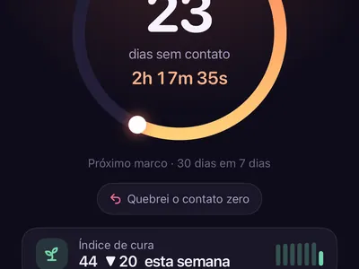 Tela Hoje do app de contato zero Zero Contact com sequência de 23 dias, índice de cura e botão SOS