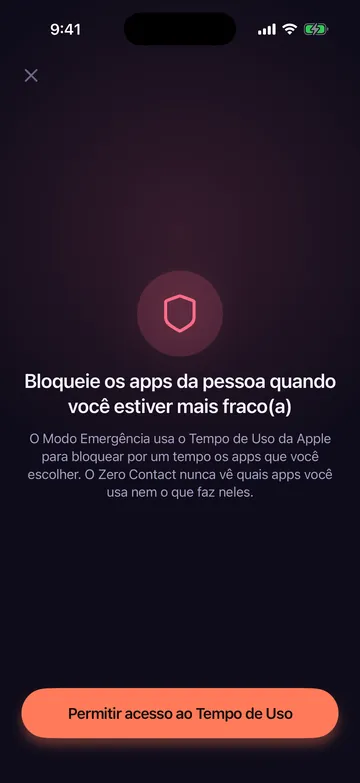 Tela do modo emergência do Zero Contact explicando como ele usa o Tempo de Uso da Apple para bloquear os apps escolhidos