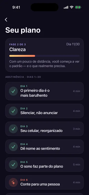 Plano de 90 dias do Zero Contact com lições diárias como O primeiro dia é o mais barulhento e Silenciar, não anunciar