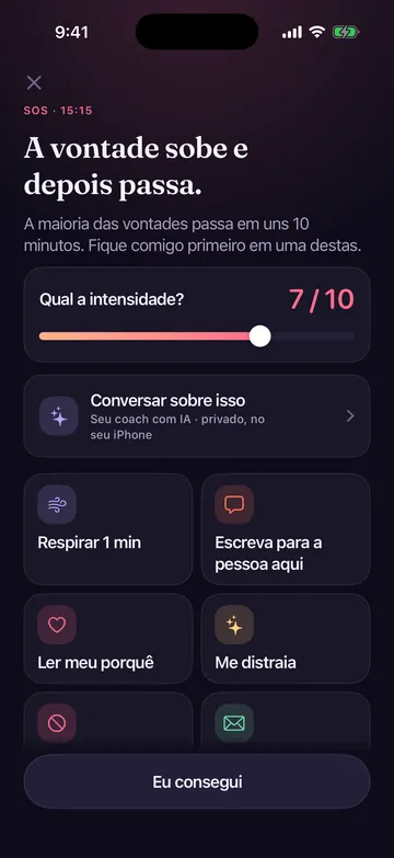 Tela SOS do Zero Contact com controle de intensidade do impulso e ferramentas para respirar, escrever ou falar com um amigo